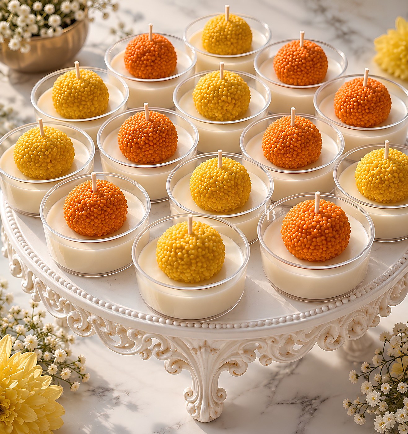 Orange and yellow ladoo-shaped candles in glass tealight jars, Jumbo Tea Light Jar, handmade soy wax, Pink Blossom bulk order