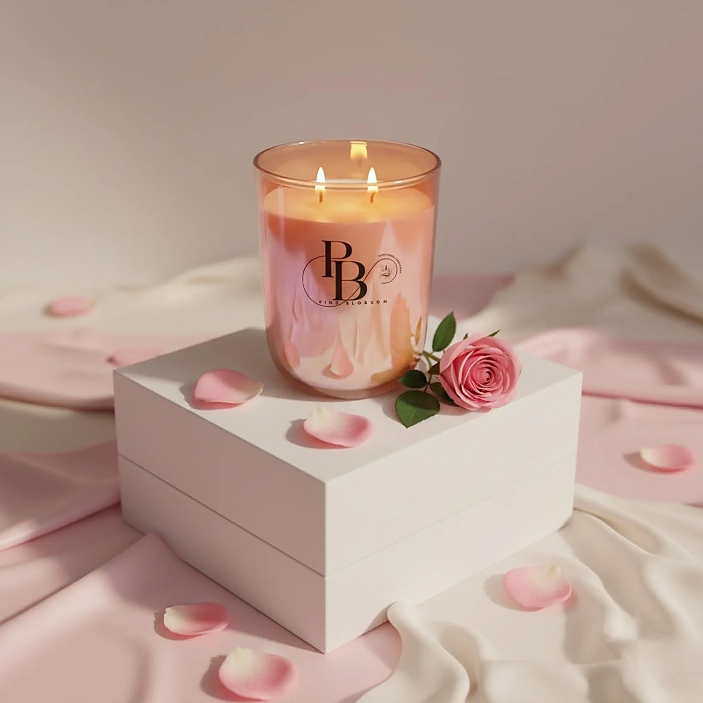 Lit three wick glass jar candle on a white gift box, 300ml Glass, handmade soy wax, Pink Blossom bulk order
