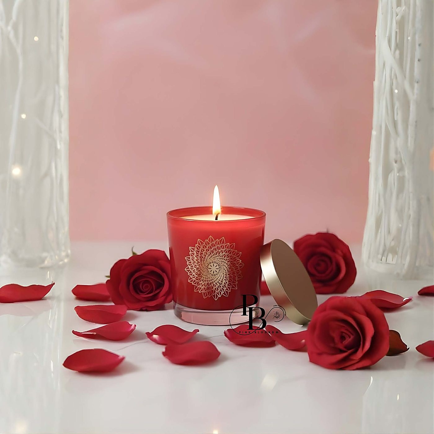 Lit red glass jar candle with lid among red roses, 250ml Glass Jar, handmade soy wax, Pink Blossom bulk order