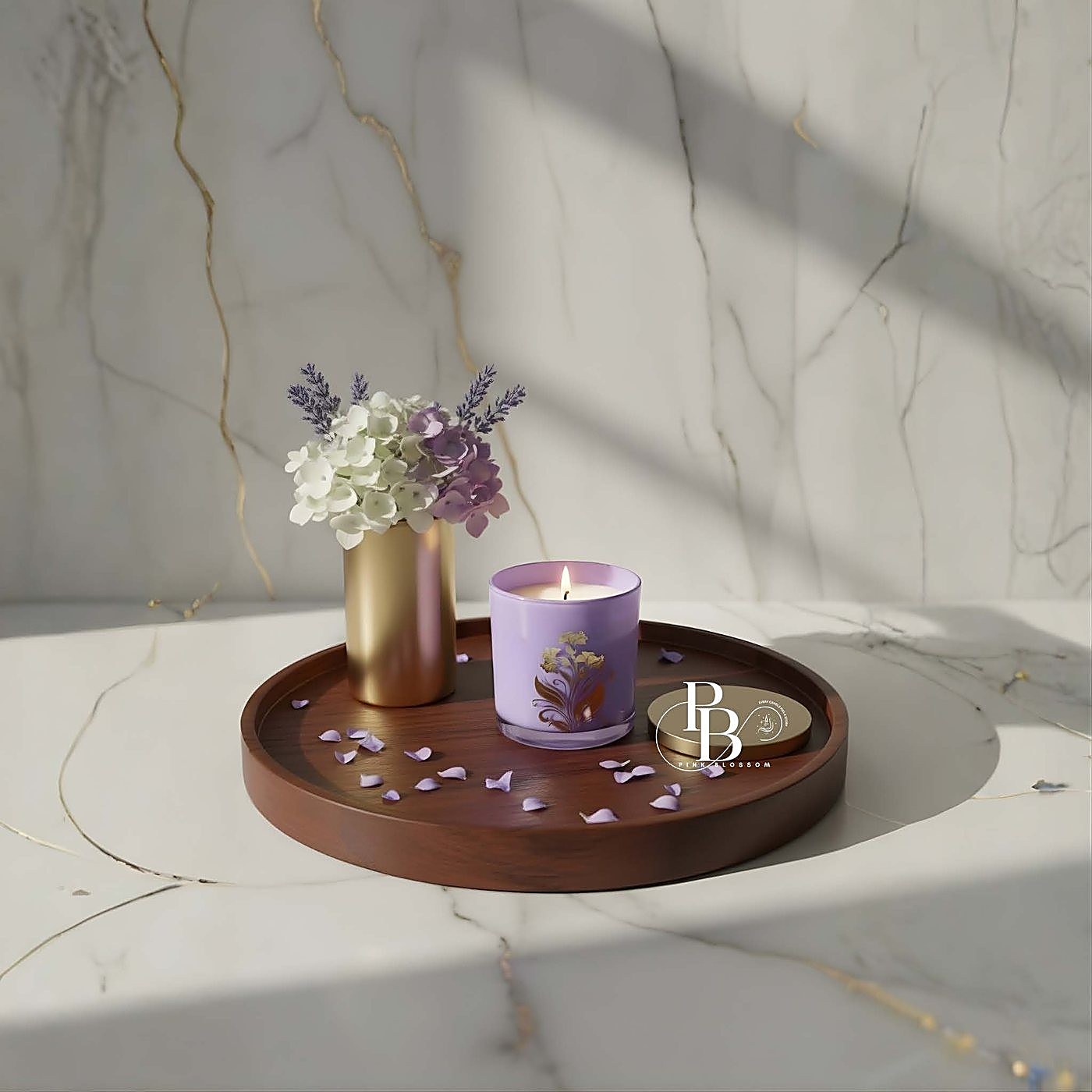 Lavender glass jar candle on a wooden tray with flower vase, 500ml Glass Jar, handmade soy wax, Pink Blossom bulk order