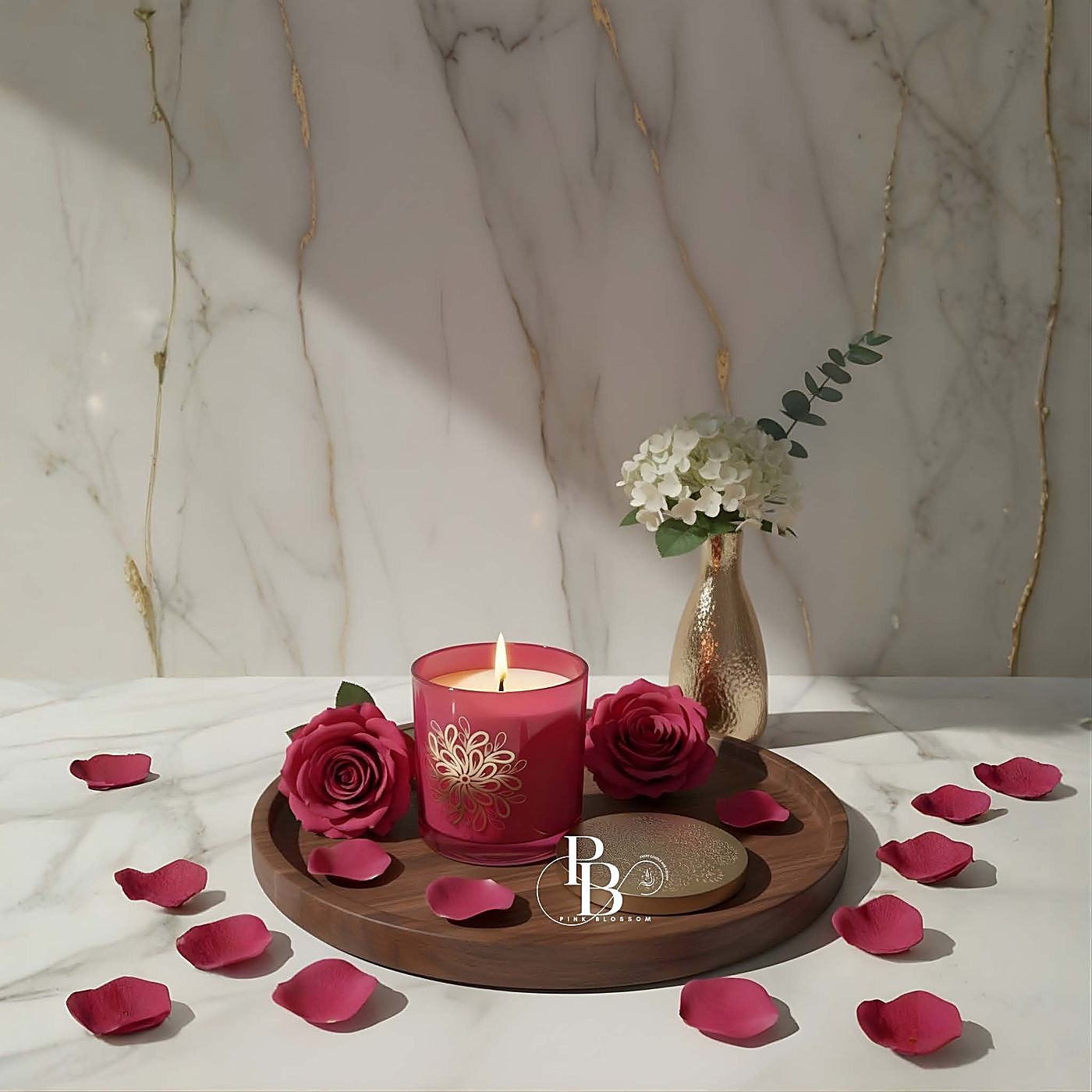 Lit red embossed jar candle on a wooden tray with roses, 500ml Glass Jar, handmade soy wax, Pink Blossom bulk order