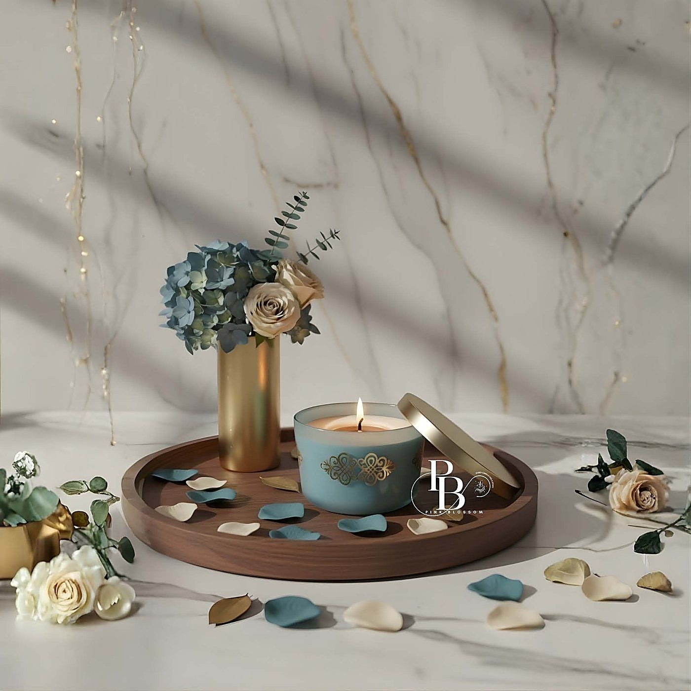 Lit teal embossed jar candle on a wooden tray with petals, 300ml Glass Jar, handmade soy wax, Pink Blossom bulk order