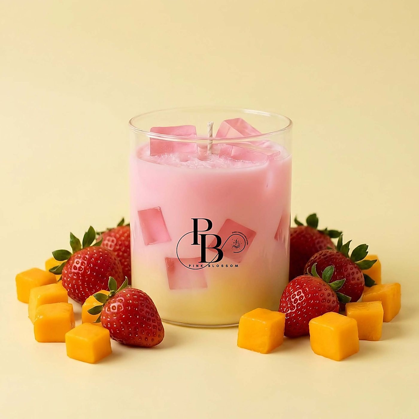 Pink ice-cube glass jar candle with strawberries and mango cubes, 300ml Glass, handmade soy wax, Pink Blossom bulk order