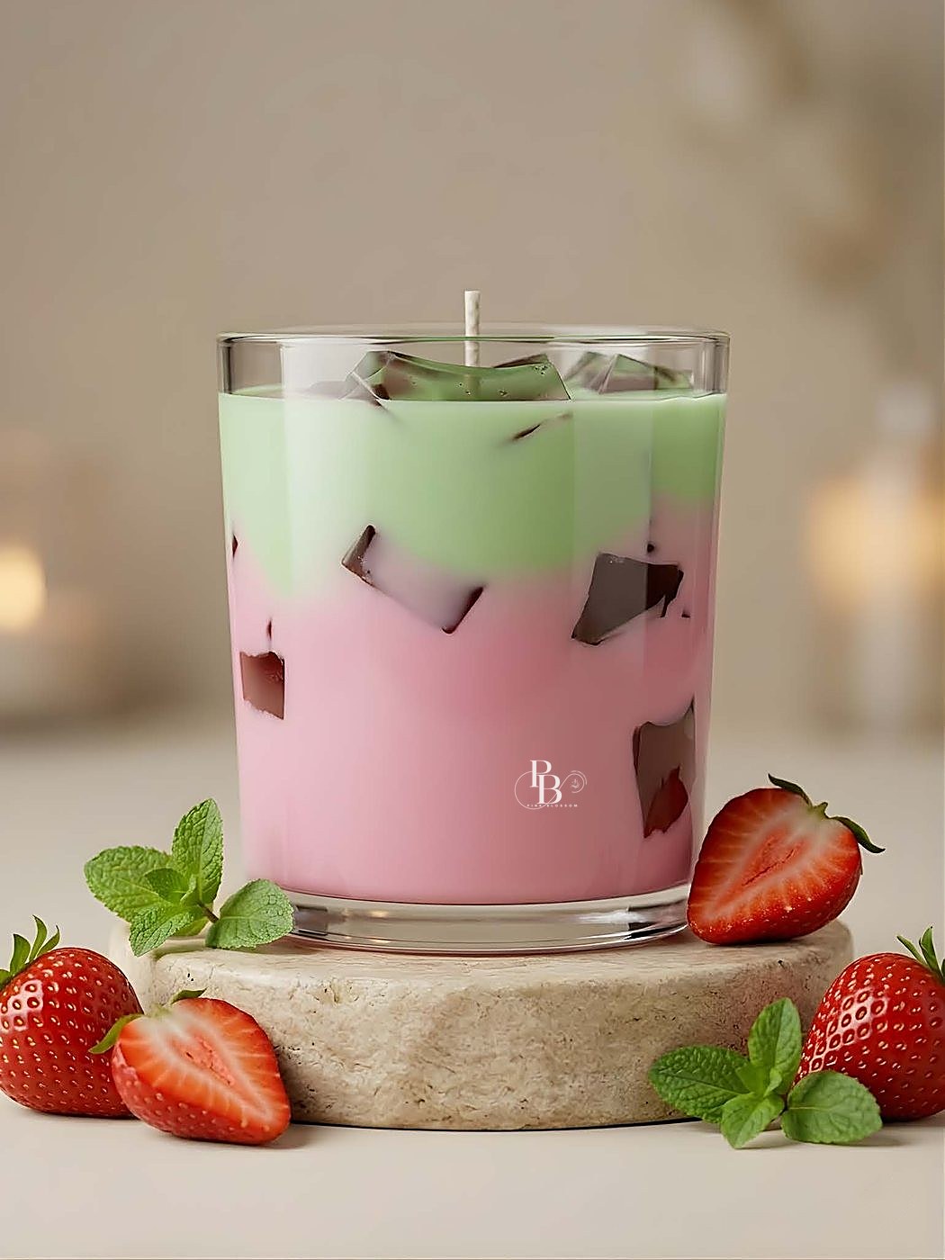 Pink and green layered glass jar candle beside fresh strawberries, 300ml Glass, handmade soy wax, Pink Blossom bulk order