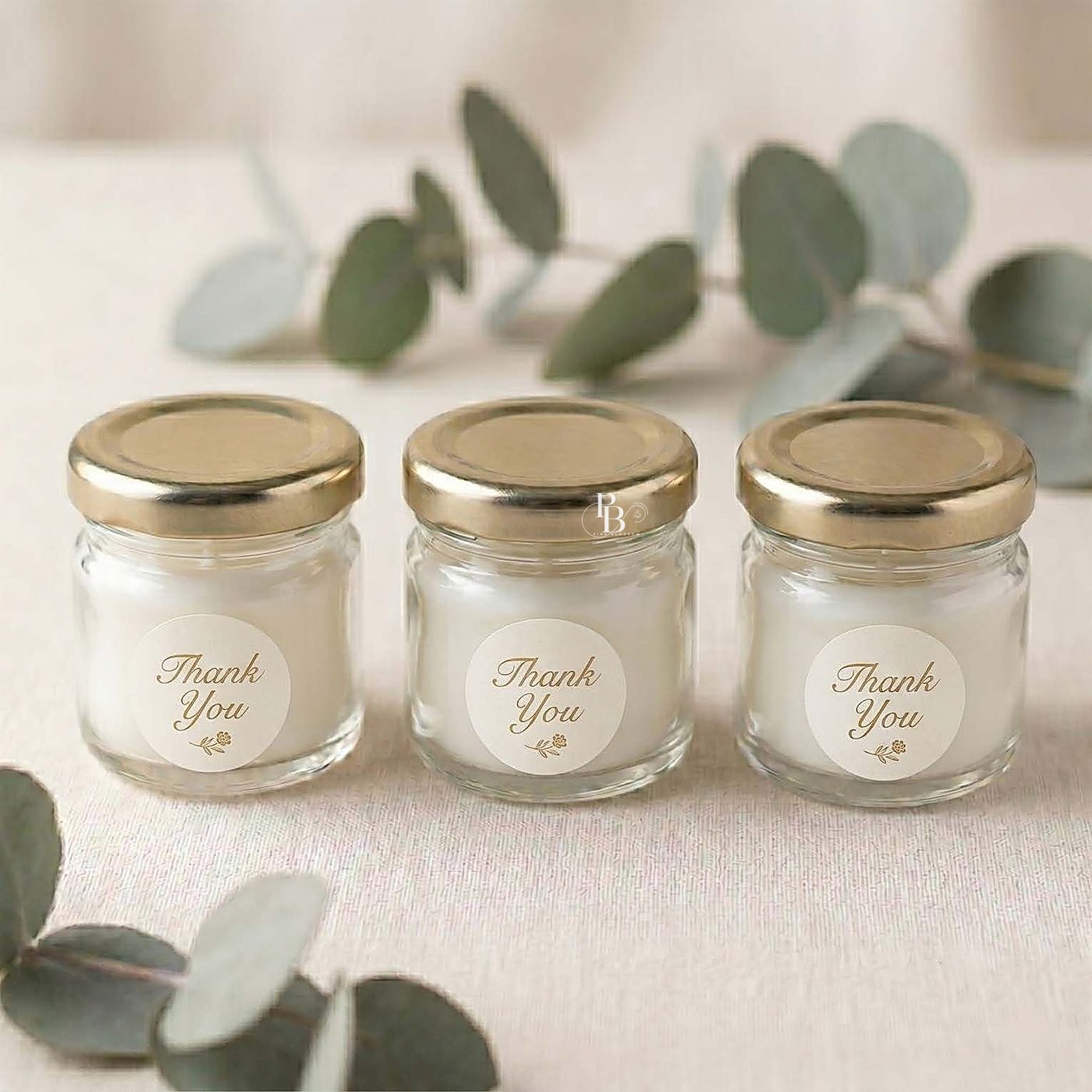 Three mini glass jar candles with gold lids and thank-you labels, 30ml Glass Jar, handmade soy wax, Pink Blossom bulk order