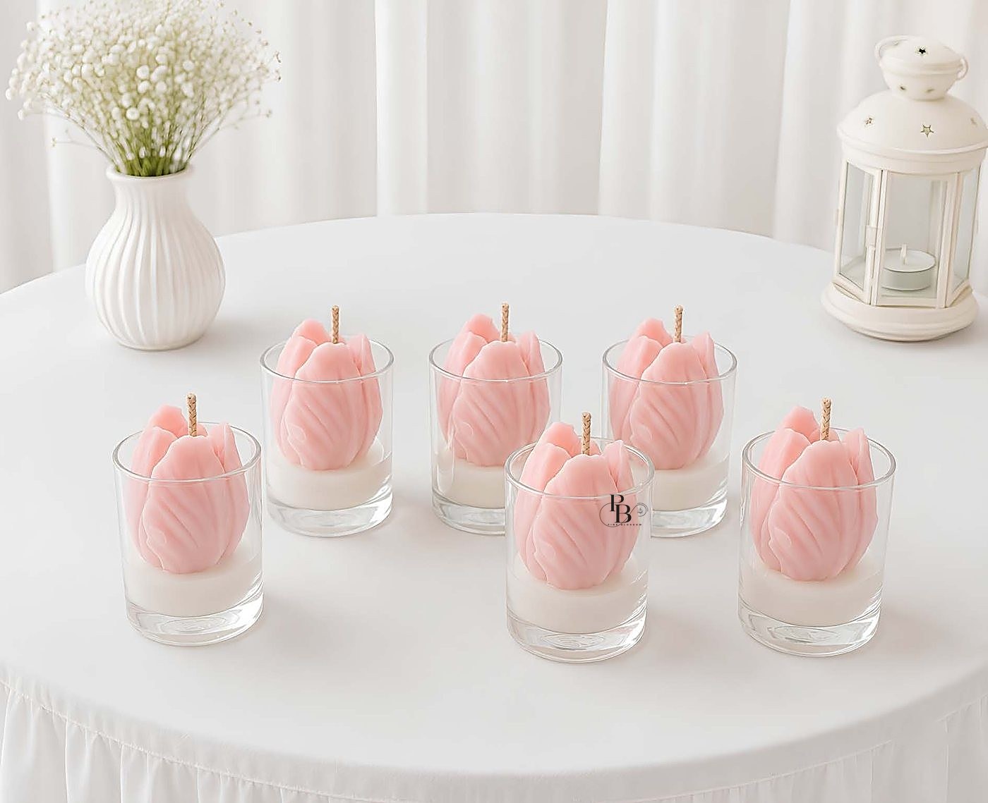 Pink tulip candles in small votive glasses on a white table, 50ml Glass, handmade soy wax, Pink Blossom bulk order
