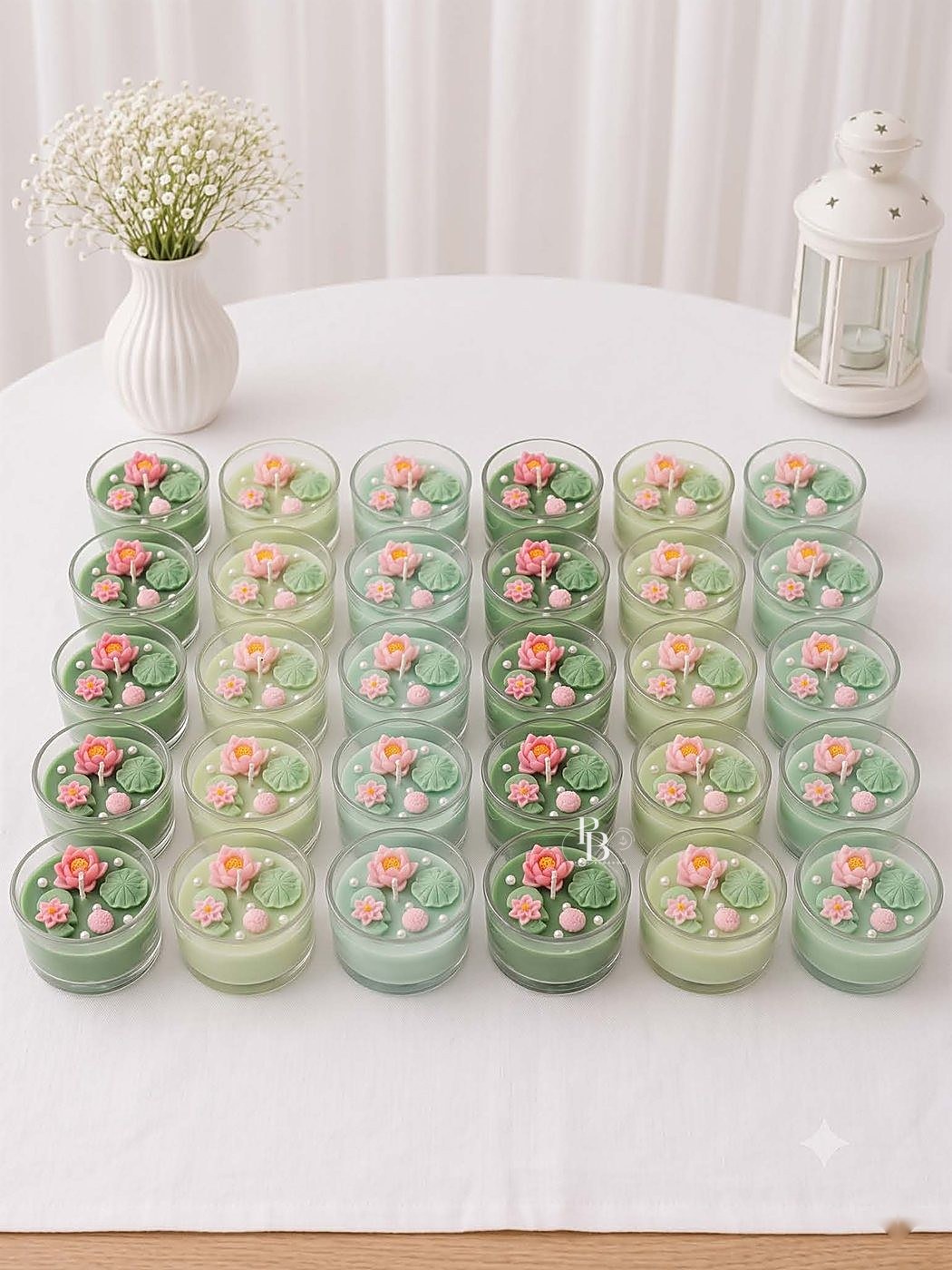 Rows of green glass jar candles topped with tiny roses, 120ml Murphy Jar, handmade soy wax, Pink Blossom bulk order