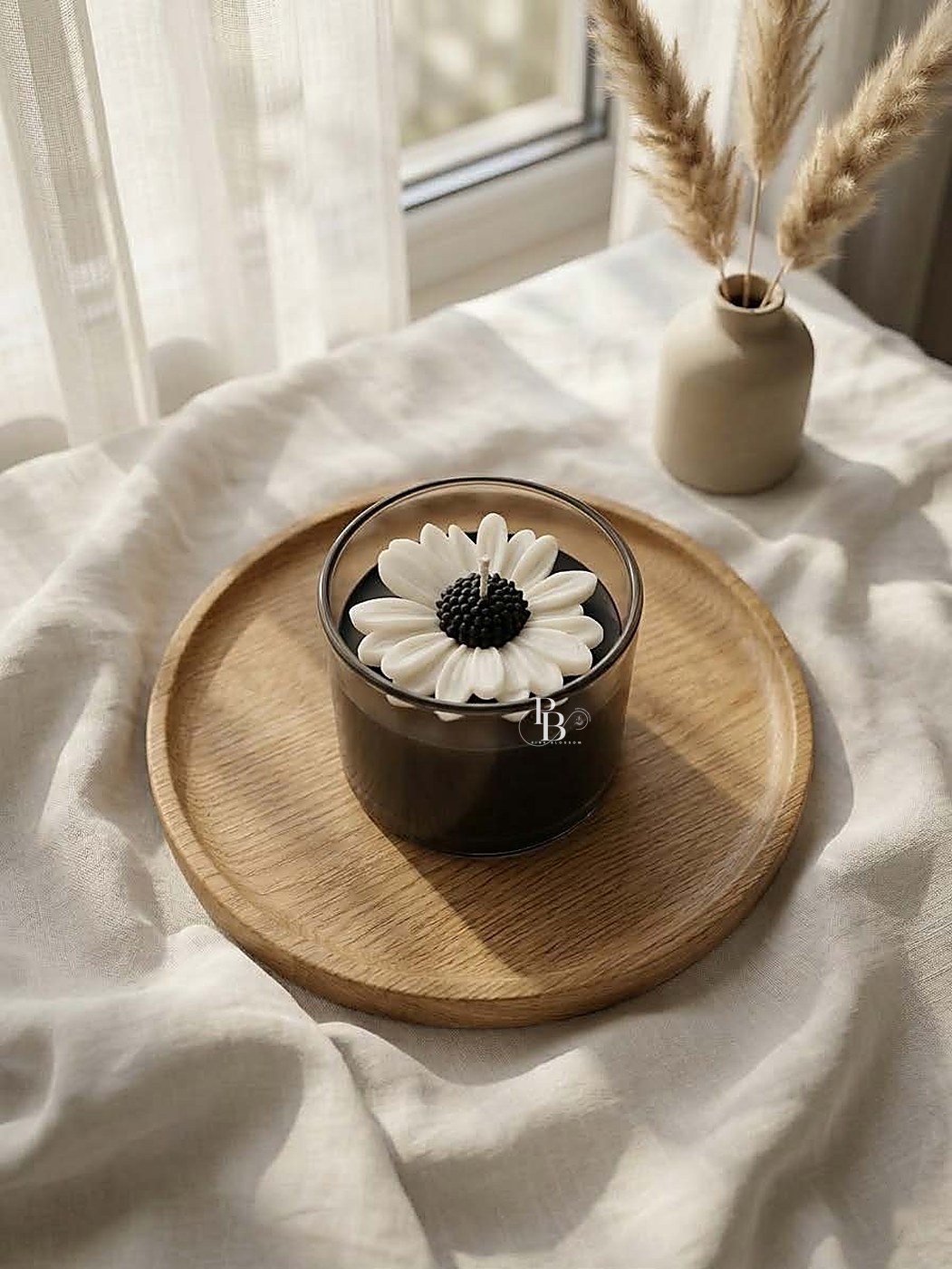 Dark glass jar candle topped with a white daisy on wood tray, 120ml Murphy Jar, handmade soy wax, Pink Blossom bulk order