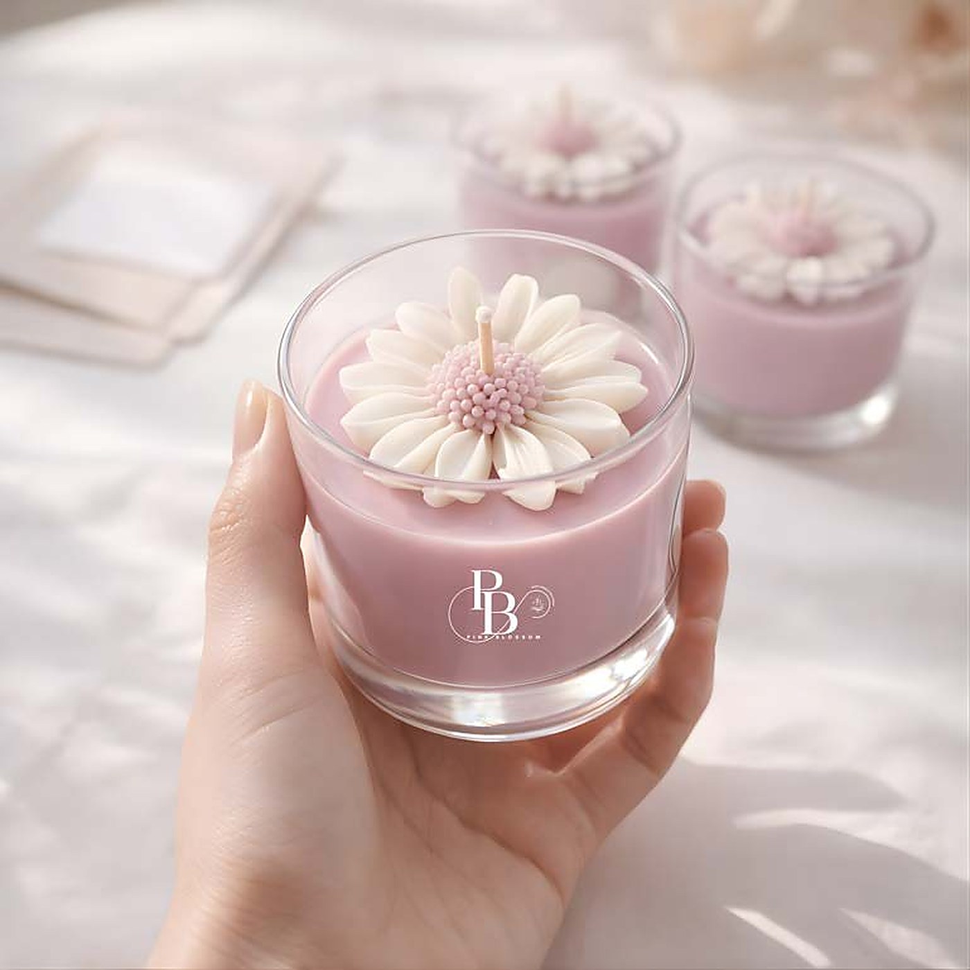 Hand holding a glass jar candle topped with a white daisy, 120ml Murphy Jar, handmade soy wax, Pink Blossom bulk order