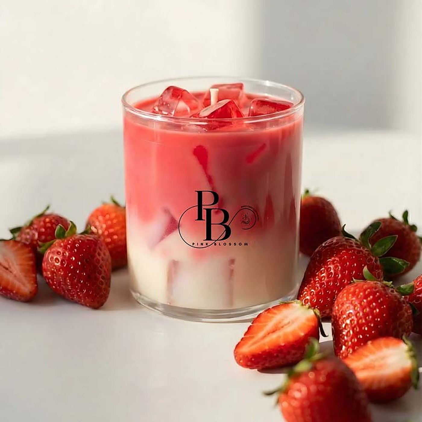 Red ice-cube style glass jar candle surrounded by fresh strawberries, 300ml Glass, handmade soy wax, Pink Blossom bulk order