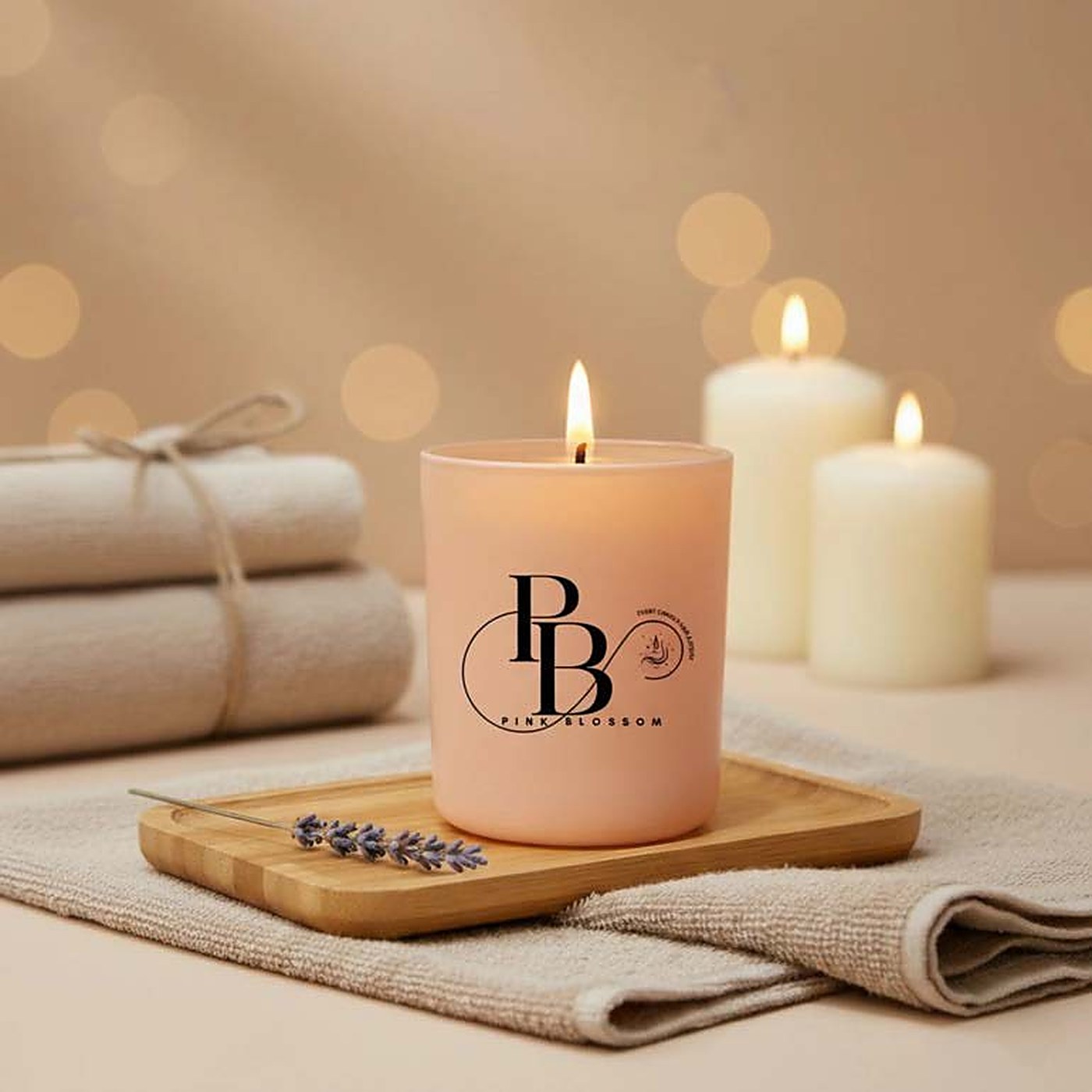 Lit peach frosted jar candle on a wooden tray with towels, 220ml Foster Jar, handmade soy wax, Pink Blossom bulk order