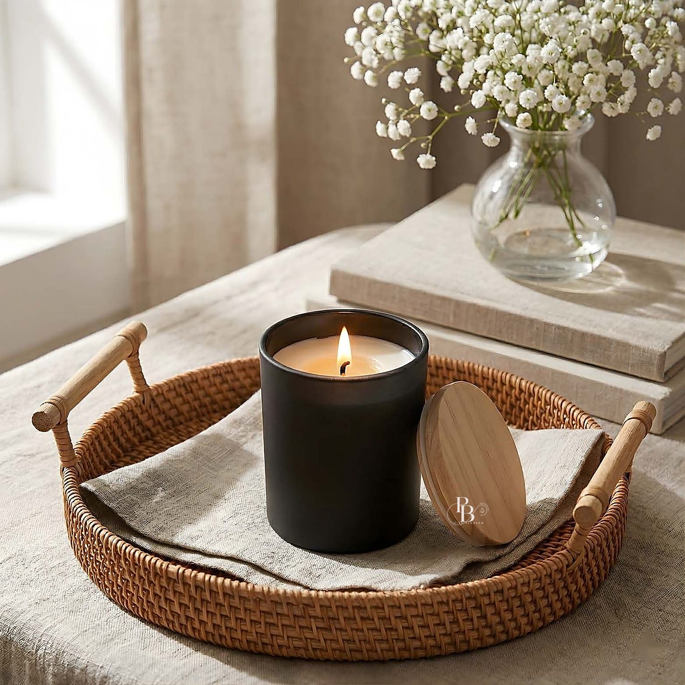 Soy candle in black jar on a spa tray