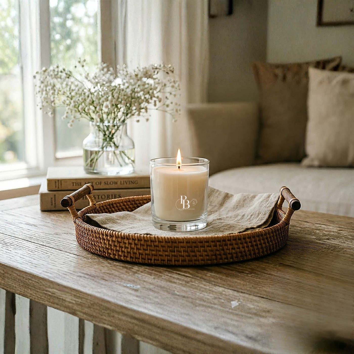 Lit cream glass jar candle in a rattan tray by window, 50ml Glass, handmade soy wax, Pink Blossom bulk order